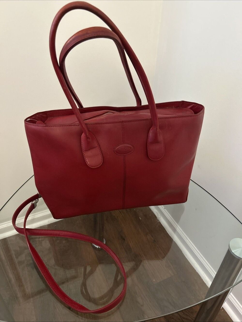 TOD'S Red Pebbled Leather Tote Bag Double Handle Top Zip